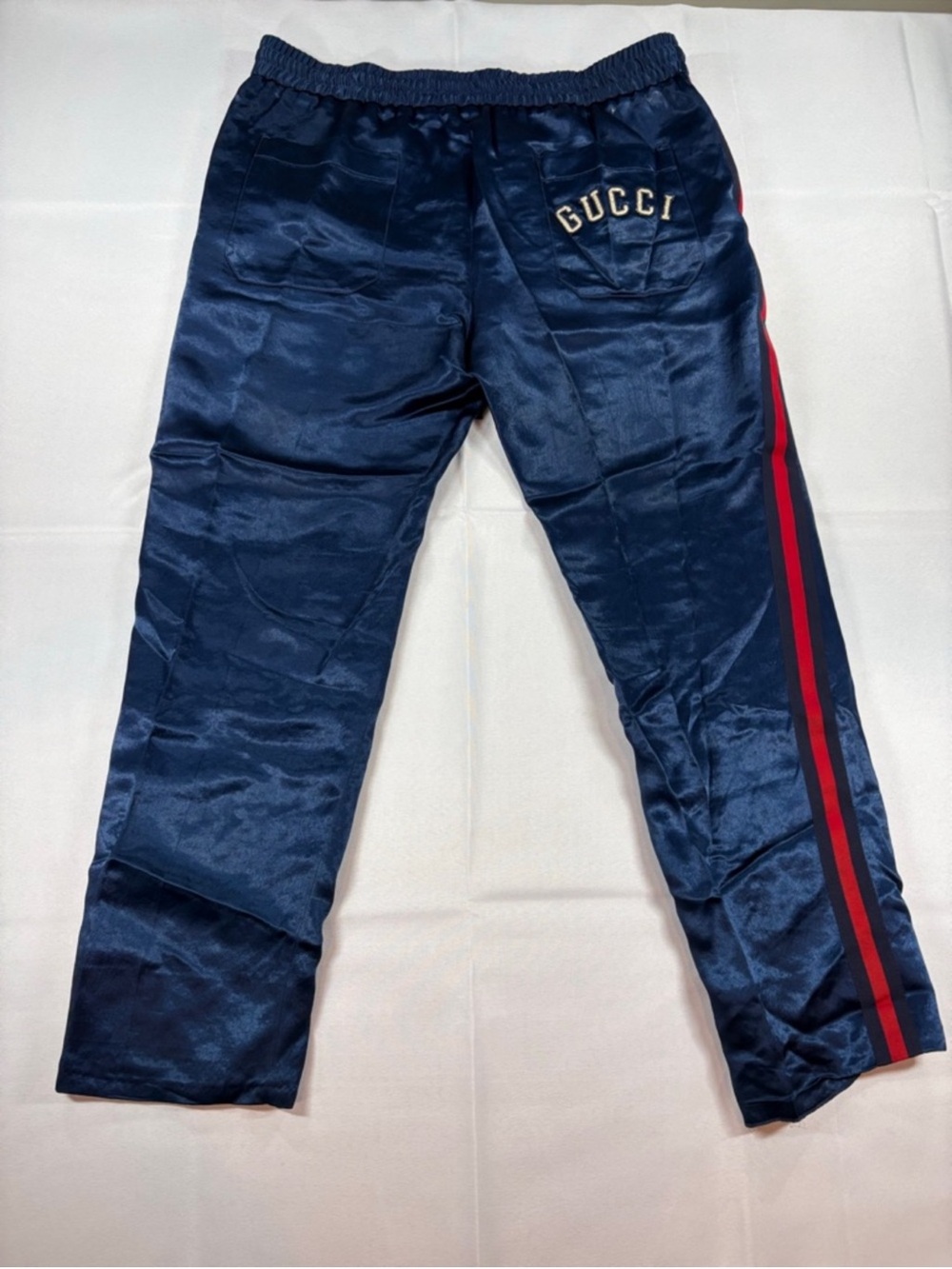 Gucci Navy Satin Joggers with Red and Black Side Stripes